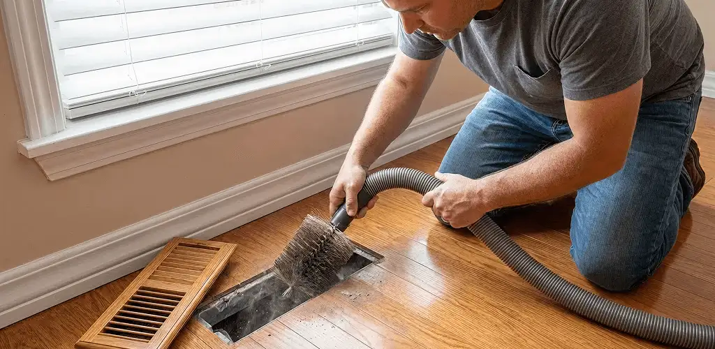 Air duct cleaning technician vacuuming a floor vent and duct opening in Chicago, IL