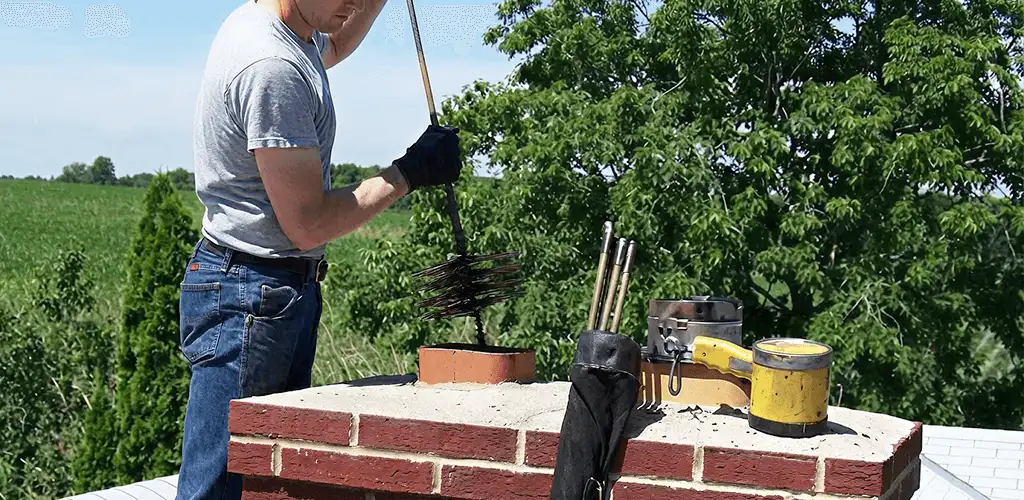 Chimney cleaning technician working on a rooftop chimney with professional tools in Chicago, IL