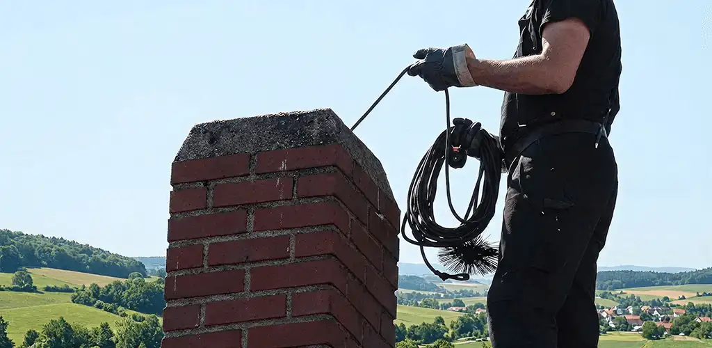 Chimney sweep inspecting and cleaning a rooftop chimney in Chicago, IL