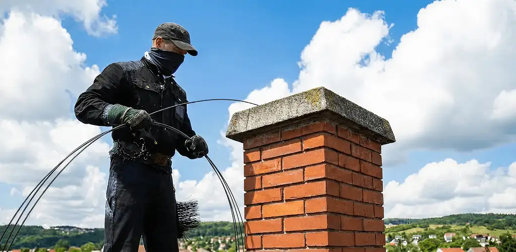 Chimney sweep cleaning a brick chimney with professional tools in Chicago, IL