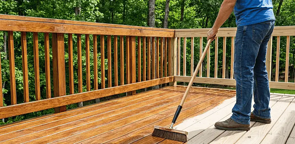 Deck staining and sealing application on a wood deck in Chicago, IL