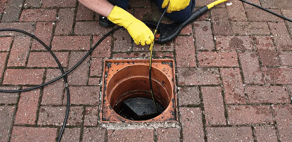 Drain cleaning technician using a drain snake to clear a clogged drain in Chicago, IL