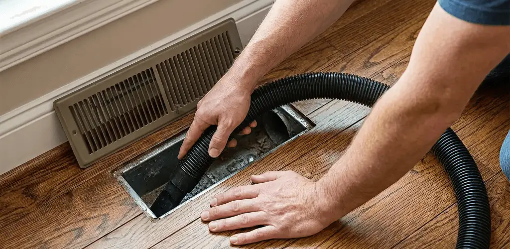 Air duct cleaning technician vacuuming a floor register and duct opening in Chicago, IL