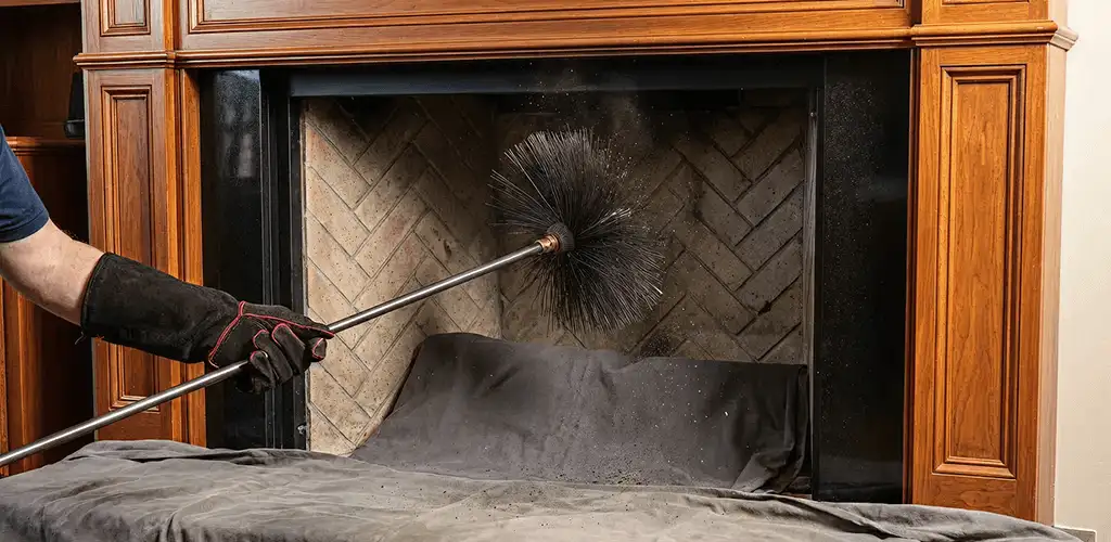 Chimney cleaning service brushing soot from a fireplace and flue in Chicago, IL