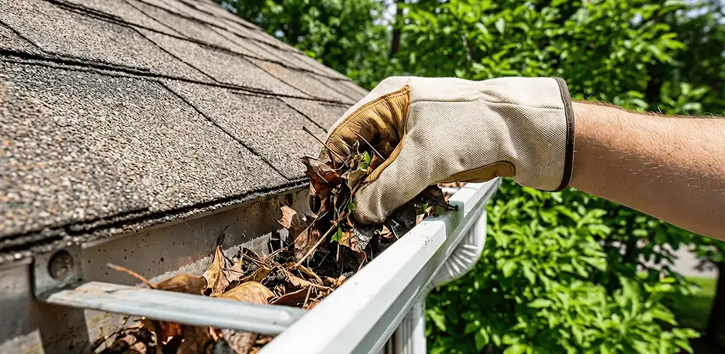 Gutter cleaning removing leaves and debris from roof gutters in Chicago, IL