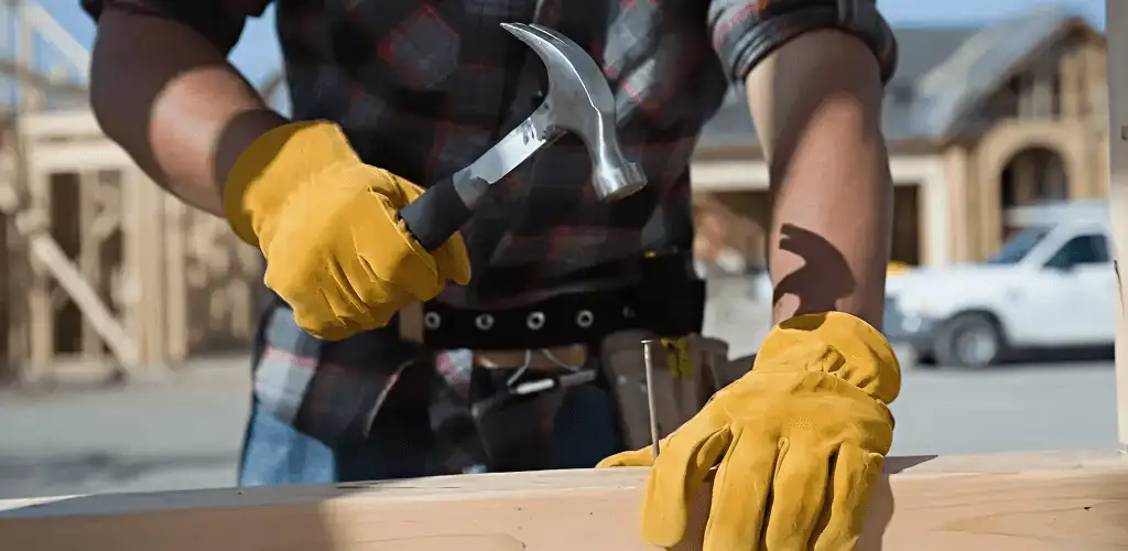 Handyman fixing wood trim with a hammer for home repairs in Chicago, IL