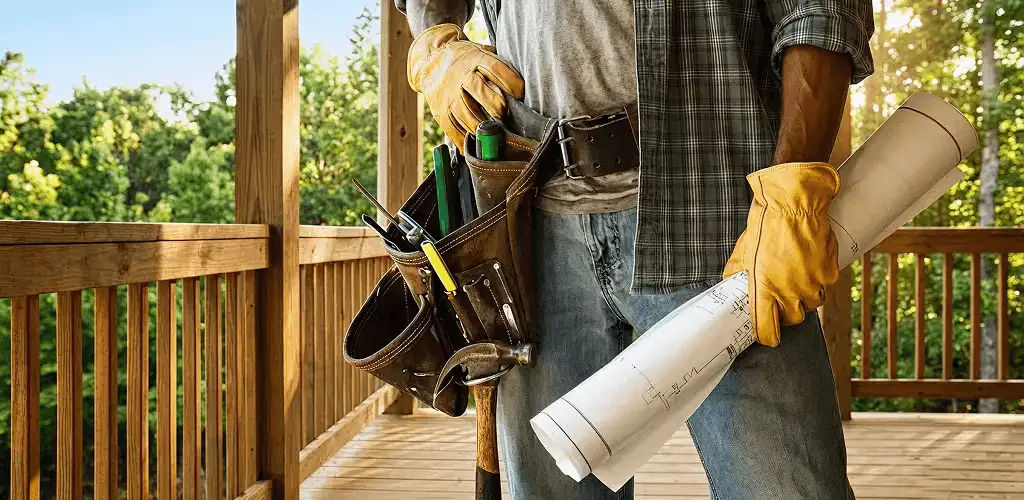Professional handyman with tool belt ready for home repairs in Chicago, IL