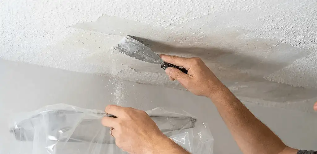 Popcorn ceiling removal technician scraping texture from a ceiling in Chicago, IL