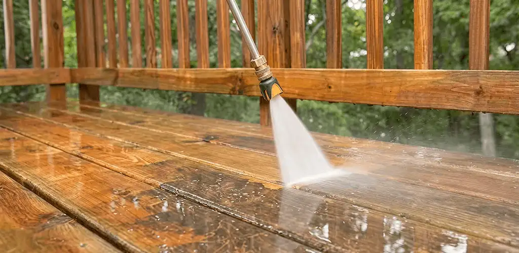 Pressure washing a wood deck to remove dirt and buildup in Chicago, IL