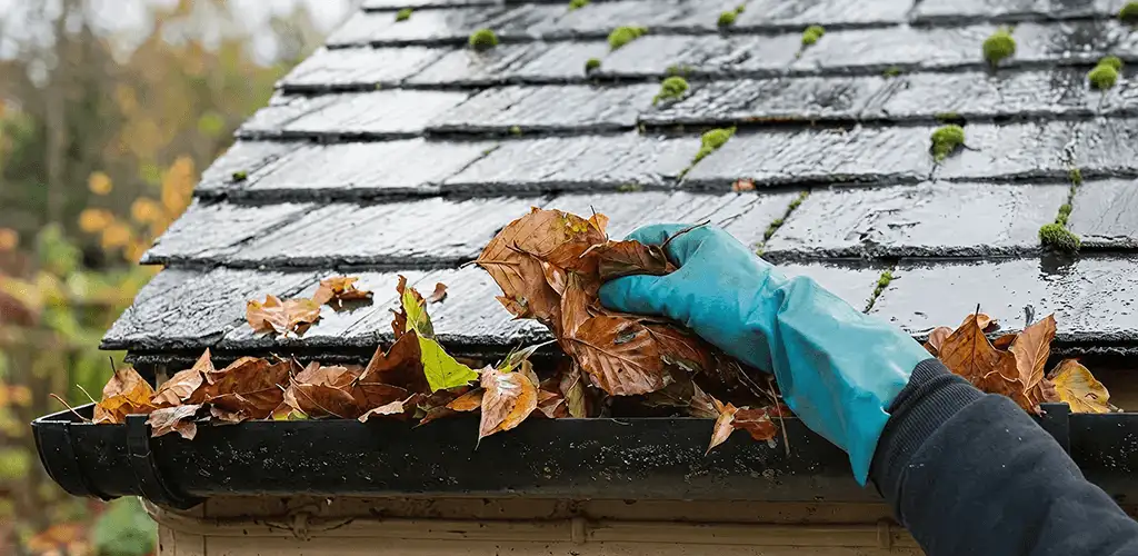 Gutter cleaning technician clearing wet leaves from roof gutters in Chicago, IL