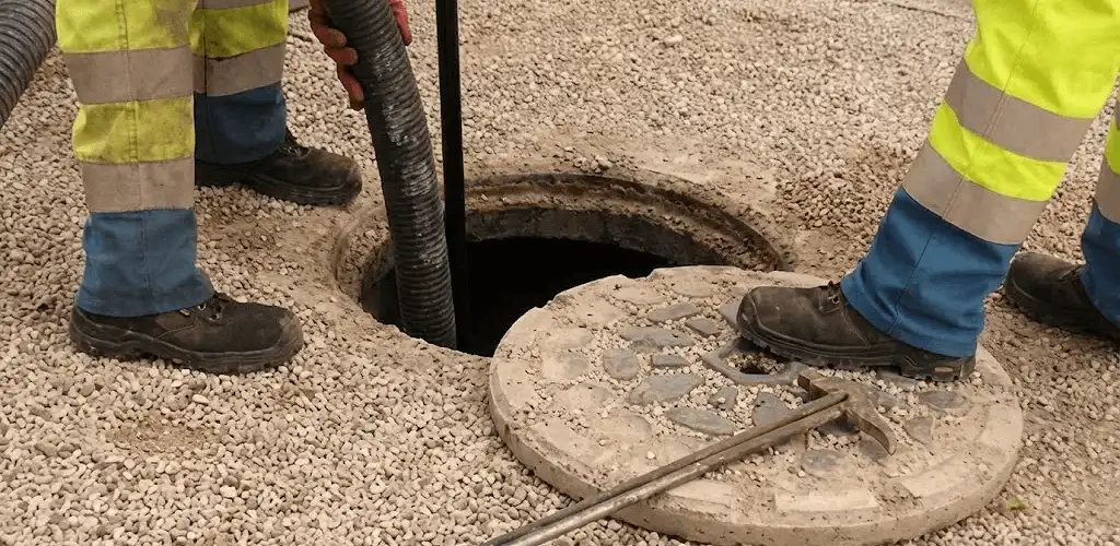 Drain cleaning crew clearing a sewer access point with professional equipment in Chicago, IL