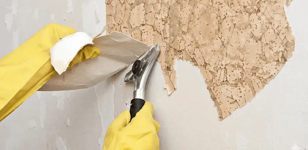 Wallpaper removal service stripping old wallpaper from a wall in Chicago, IL