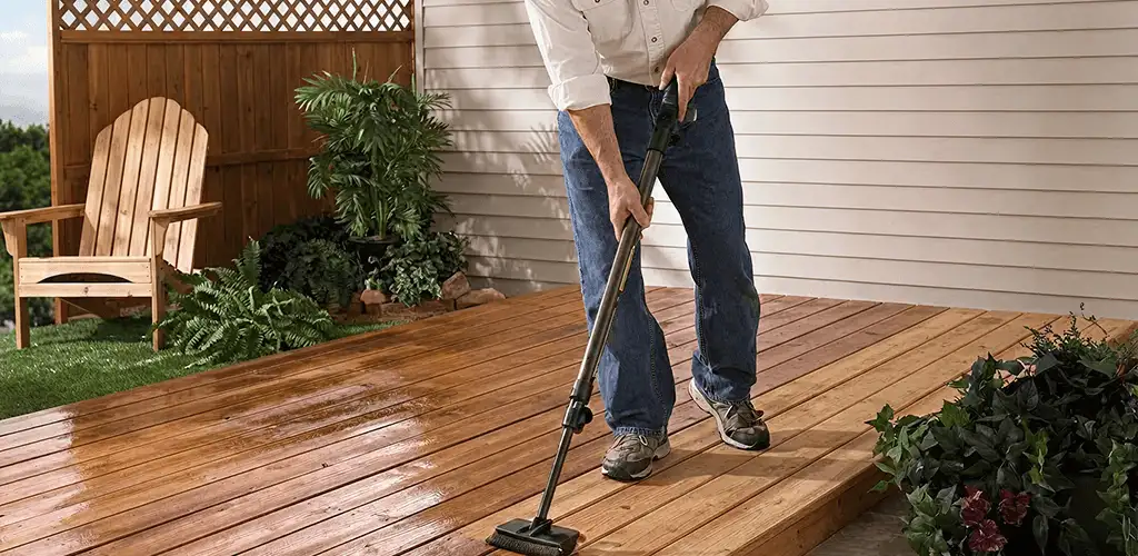 Deck staining service applying stain to a backyard wood deck in Chicago, IL